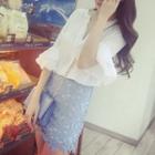 Set: Plain Split Neck Elbow Sleeve Top + Crochet Mini Skirt