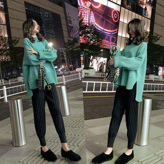 Long-sleeve Split Hem Plain Sweater / High-waist Pleated Pants