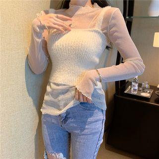 Mock-turtleneck Glitter Mesh Top / Knit Ribbed Camisole Top