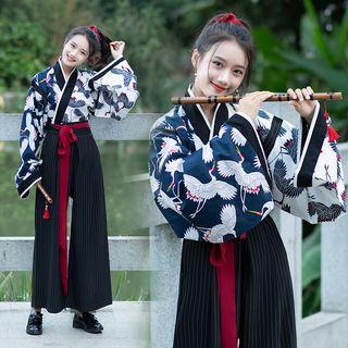 Hanfu Set: Printed Long-sleeve Top + Wide Leg Pants