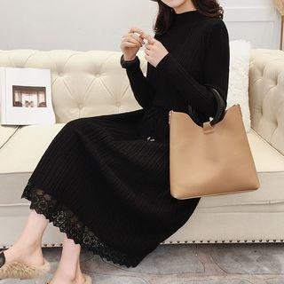 Long-sleeve Lace Hem Midi Knit Dress
