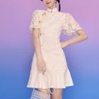 Short-sleeve Lace Panel Ruffled A-line Dress