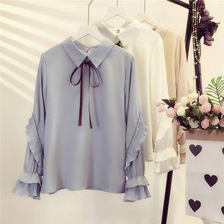 Ruffle Trim Bow Accent Chiffon Shirt
