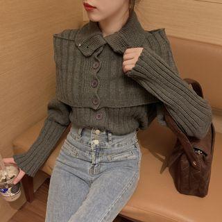 Set: Buttoned Rib Knit Top + Buttoned Rib Knit Shawl Set - Dark Gray - One Size