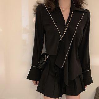 Asymmetric Contrast Trim Chiffon Blouse Black - One Size