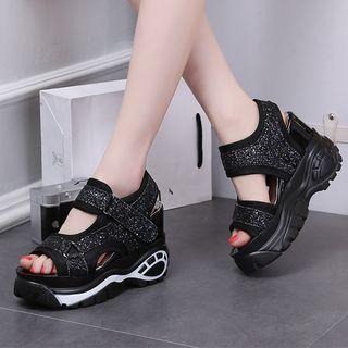 Sequined Platform Wedge Adhesive Strap Sandals