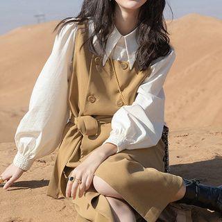 Puff-sleeve Blouse / Double-breasted Pinafore Dress
