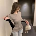Two-tone Knit Top Gray & Black - One Size