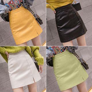 Faux Leather Slit A-line Mini Skirt