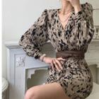 Long-sleeve Leopard Print Mini Sheath Dress Beige - One Size