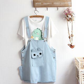 Short-sleeve Print T-shirt / Denim Jumper Shorts / Set