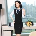 Sleeveless Buttoned Fitted Dress / Long-sleeve Shirt / Neck Ribbon / Set