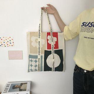 Floral Print Tote Bag Shoulder Bag - Lettering - Strap - Floarl - Red & Blue & Khaki - One Size