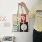 Floral Print Tote Bag Shoulder Bag - Lettering - Strap - Floarl - Red & Blue & Khaki - One Size