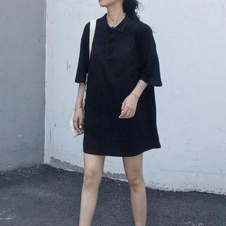 Elbow-sleeve Plain Polo Shirt Dress
