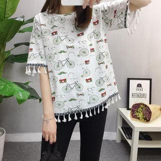 Tasseled Bike Print Short Sleeve T-shirt
