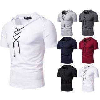 Short-sleeve Lace-up Hooded T-shirt