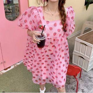 Puff-sleeve Strawberry Print Mini A-line Dress Pink - One Size