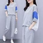 Set: Elbow-sleeve Color Block Sweatshirt + Harem Sweatpants