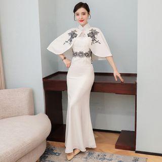 Set: Sleeveless Maxi Mermaid Qipao Dress + Floral Embroidered Cape