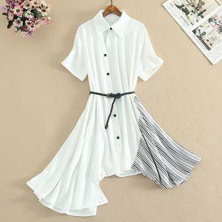 Set: Short-sleeve Striped Panel Midi Shirtdress + Belt