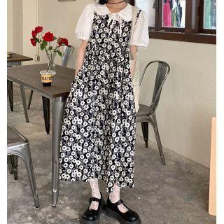 Short-sleeve Collar Tie-neck Blouse / Floral Printed Strappy Midi Dress