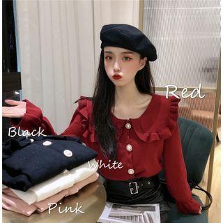 Long-sleeve Ruffled Collar Buttoned Knit Top