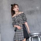 Off-shoulder Plaid Cropped Top / Plaid Panel Skort