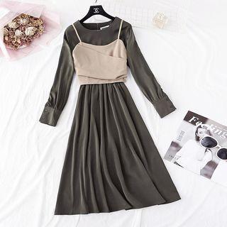 Set: Long-sleeve Plain Dress + Sleeveless Top