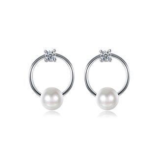 Fashion Simple Geometric Round Pearl Earrings With Cubic Zircon Silver - One Size