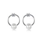 Fashion Simple Geometric Round Pearl Earrings With Cubic Zircon Silver - One Size