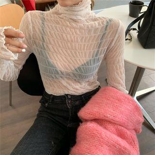 Turtleneck Long-sleeve Mesh Top / Plain Sweater