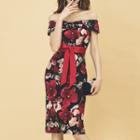 Off-shoulder Short-sleeve Flower Print Sheath Dress