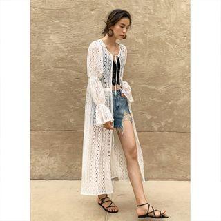Bell-sleeve Open-front Eyelet Long Jacket
