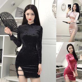 Long-sleeve Velvet Mini Qipao Sheath Dress