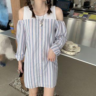Cold-shoulder Striped Mini Shirtdress As Shown In Figure - One Size