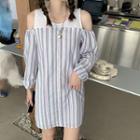 Cold-shoulder Striped Mini Shirtdress As Shown In Figure - One Size