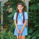 Sailor Collar Blouse / Pleated Skirt / Bow / Stockings