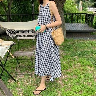 Sleeveless Checked A-line Dress Black - One Size