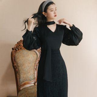Set: Long-sleeve Tie-neck Blouse + Lace Midi Pencil Skirt