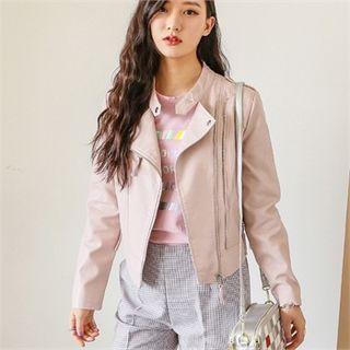 Epaulet Diagonal-zip Faux-leather Jacket