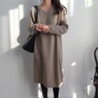 Long-sleeve V-neck Midi Sweater Dress As Shown In Figure - One Size