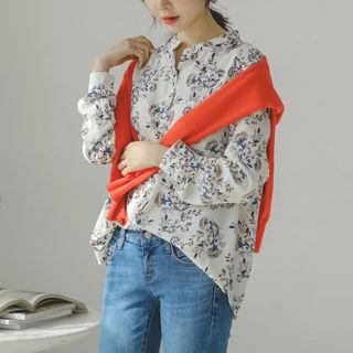 Mandarin-collar Tab-sleeve Floral Blouse
