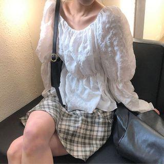 Long-sleeve Plain Blouse / Plaid Mini A-line Skirt