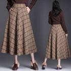 Pocket Plaid Woolen A-line Maxi Skirt
