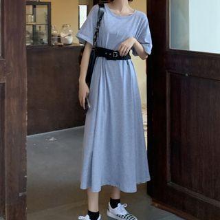 Belted Elbow-sleeve Midi A-line Dress