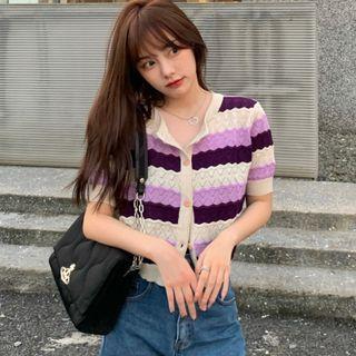 Short-sleeve Button-up Striped Knit Top Purple - One Size