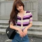 Short-sleeve Button-up Striped Knit Top Purple - One Size