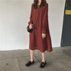 Dotted Long-sleeve A-line Dress Red - One Size