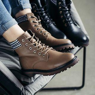 Plaid Trim Lace-up Short Boots